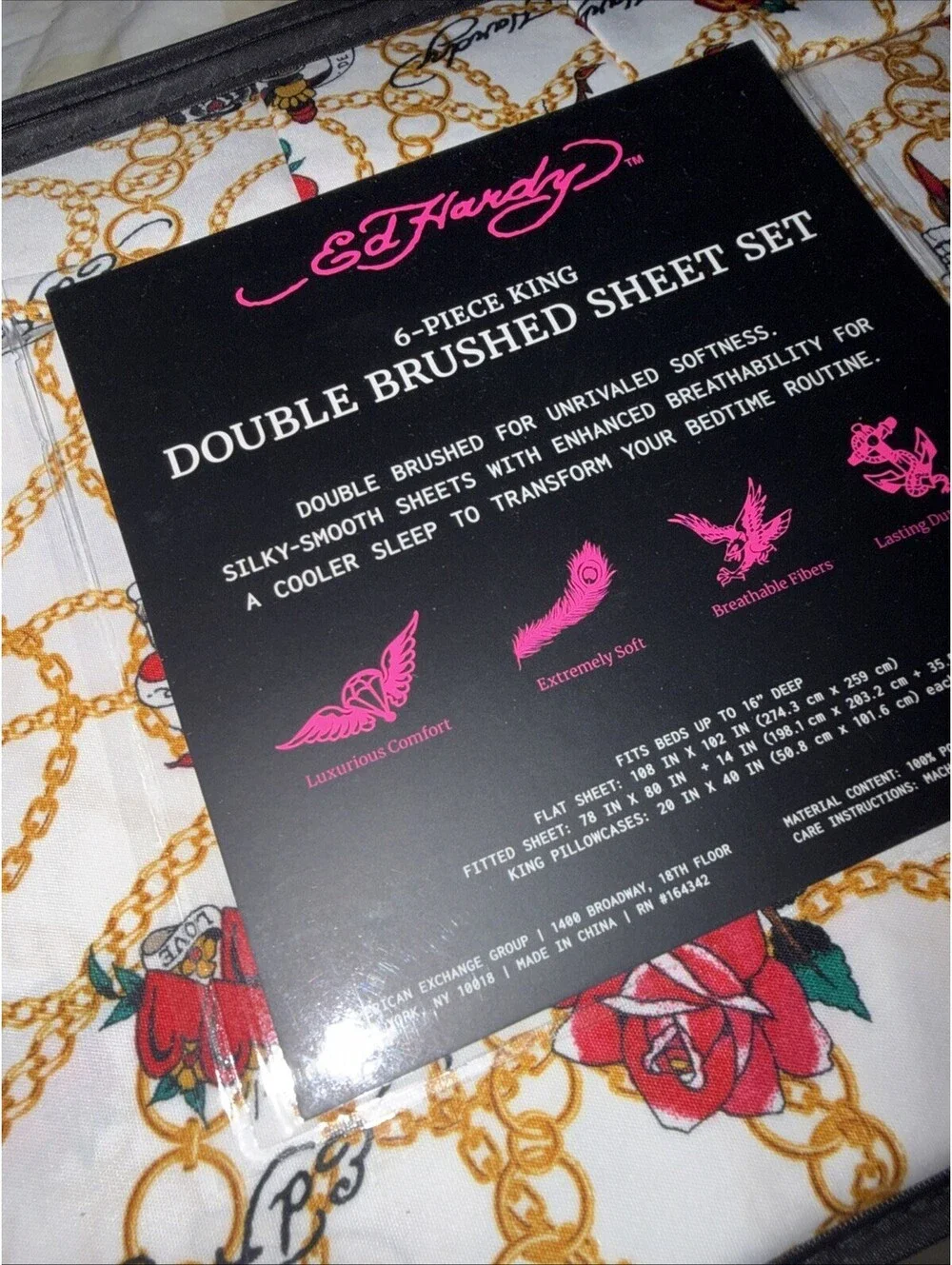 Ed Hardy King 6pc Sheet Set Roses Chains Skull Dagger NWT